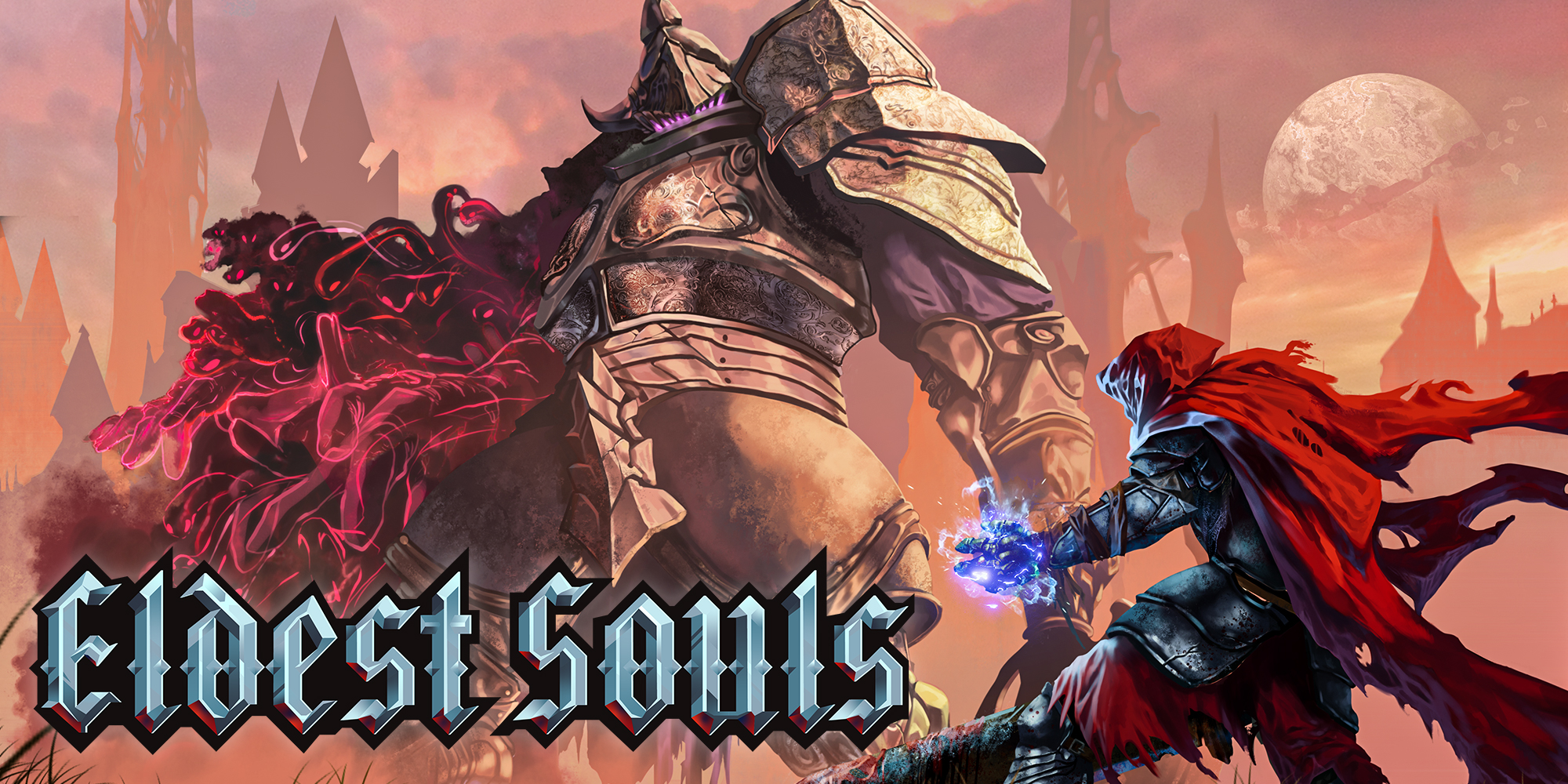 Artwork for the Eldest Souls video game. A hooded figure in a tattered cloak and armour is weilding a sword, with magical power rippling from a clenched fist. He is dwarfed by a huge boss, in massive plate armour, with evil-looking red and black magic spewing from its arm.