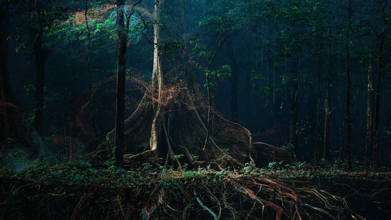 A 3D rendering of a tree in the Amazon rainforest, showing particles of carbon dioxide being absorbed, particles of oxygen being emitted, and water being taken up by the roots.