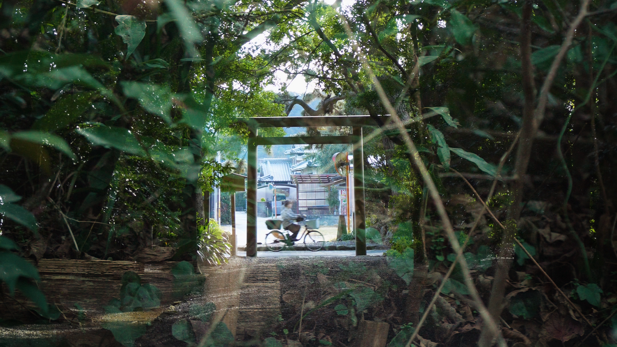 An image of a cyclist framed by a Japanese torii shrine gate, surrounded by overlaid images of the forest.